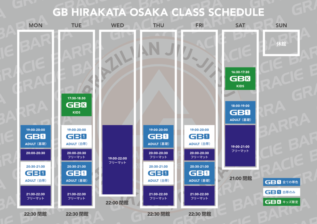 グレイシーバッハ枚方大阪｜クラススケジュール｜ブラジリアン柔術・格闘技｜一般・学生・女性・キッズ会員募集中