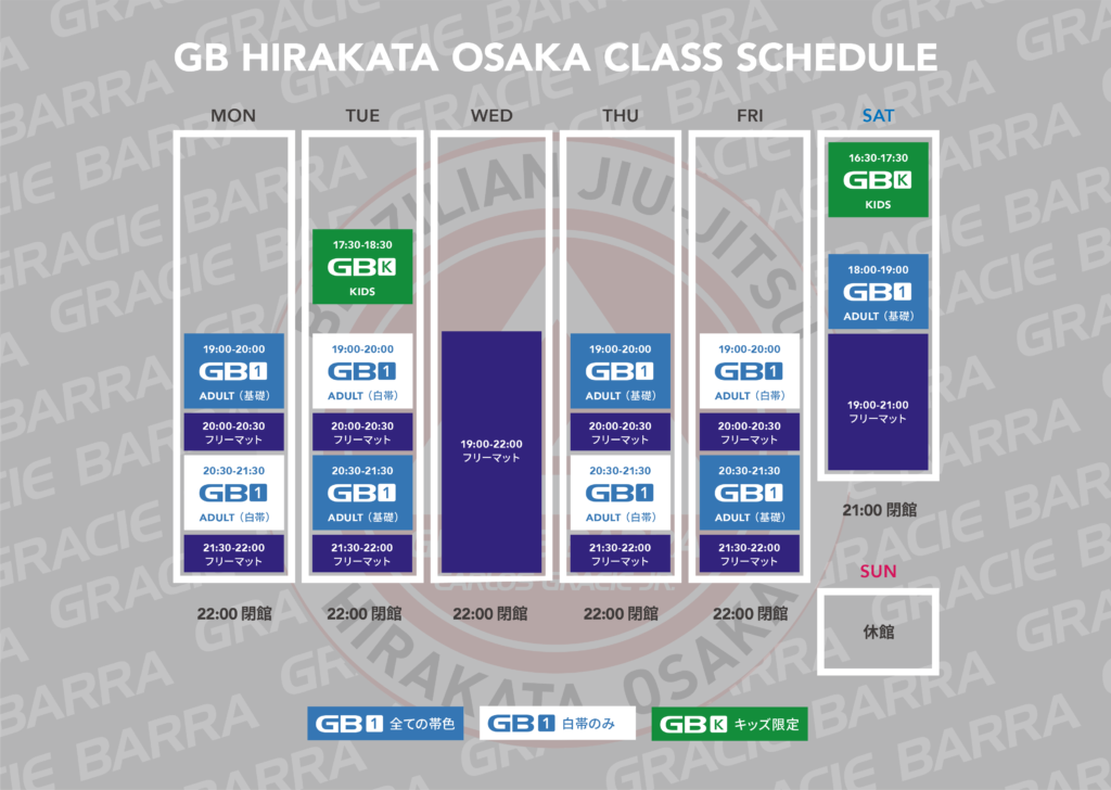 グレイシーバッハ枚方大阪｜クラススケジュール｜ブラジリアン柔術・格闘技｜一般・学生・女性・キッズ会員募集中
